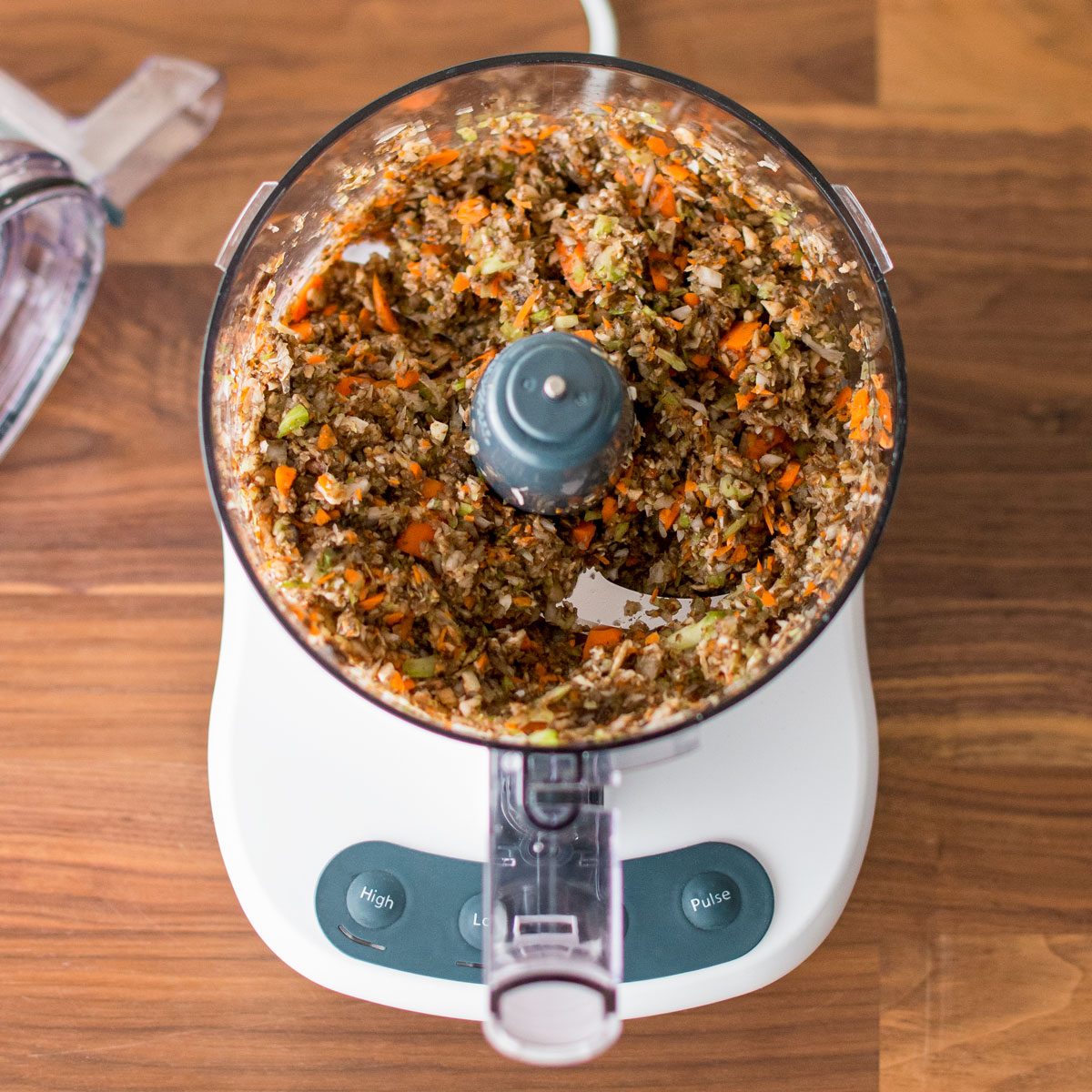 Finely Chopped Mushrooms, Onions, Carrots, Celery and Garlic in a Food Processor