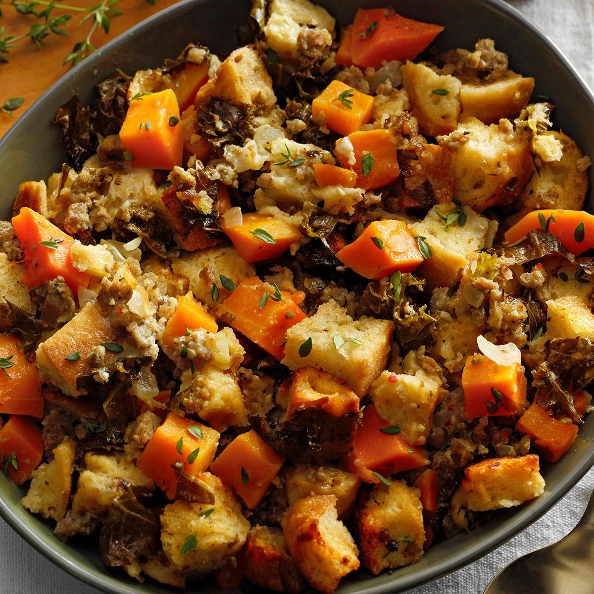 Sausage, Kale and Squash Bread Pudding