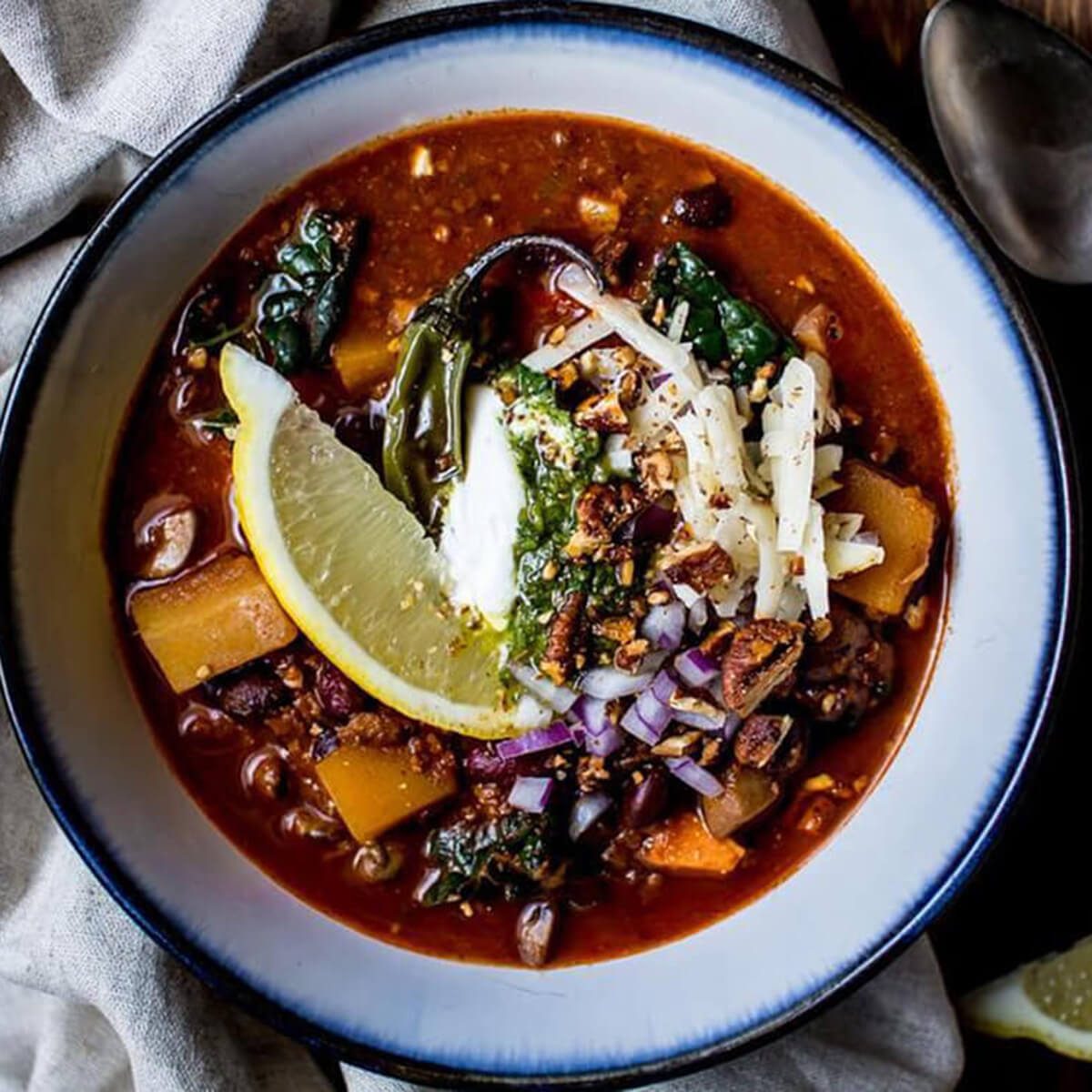 top view of a bowl of chili