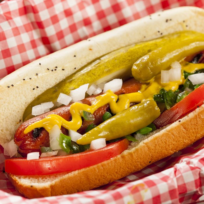 Chicago Style Hot Dog with Mustard, Pickle, Tomato, Relish and Onion