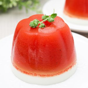 tomato panna cotta with smoked pepper and yogurt on the plate, close-up, horizontal; Shutterstock ID 146682044;