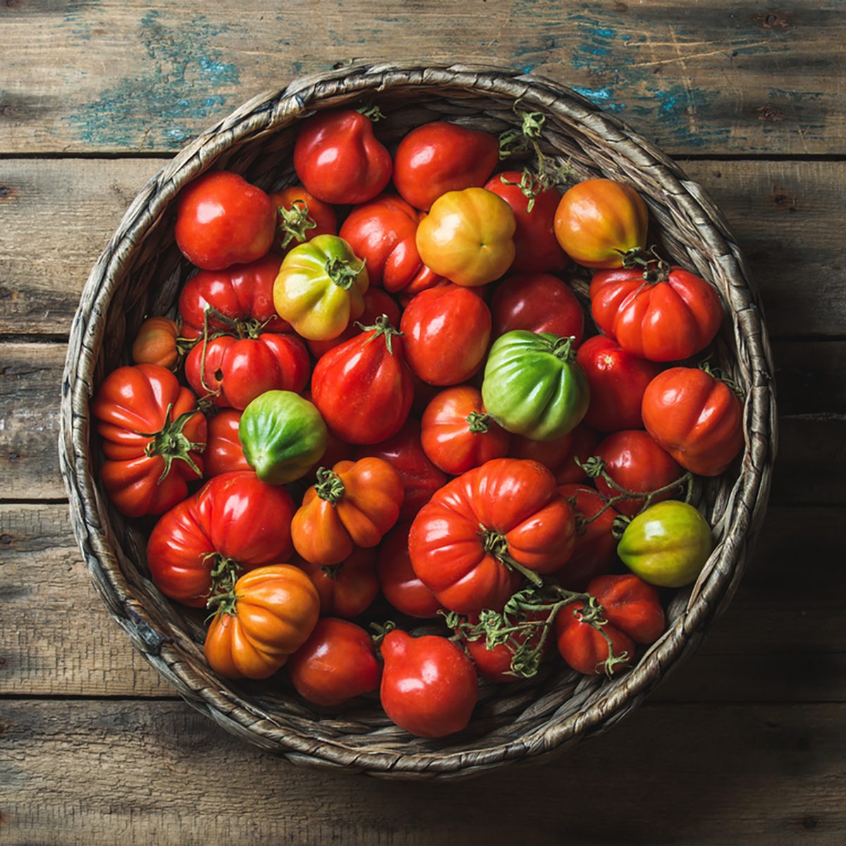 Fresh colorful ripe Fall heirloom tomatoes in basket over wooden background, top view, horizontal composition