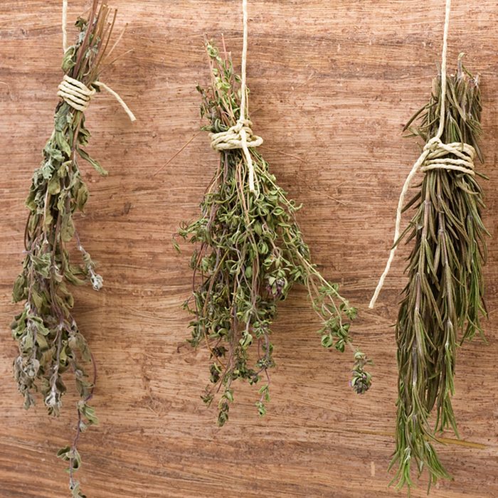 Fresh dried herb bundles of different herbs hanging on the wall
