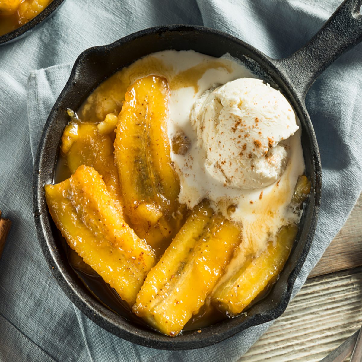 Homemade Sauteed Bananas Foster with Cinnamon and Ice Cream.