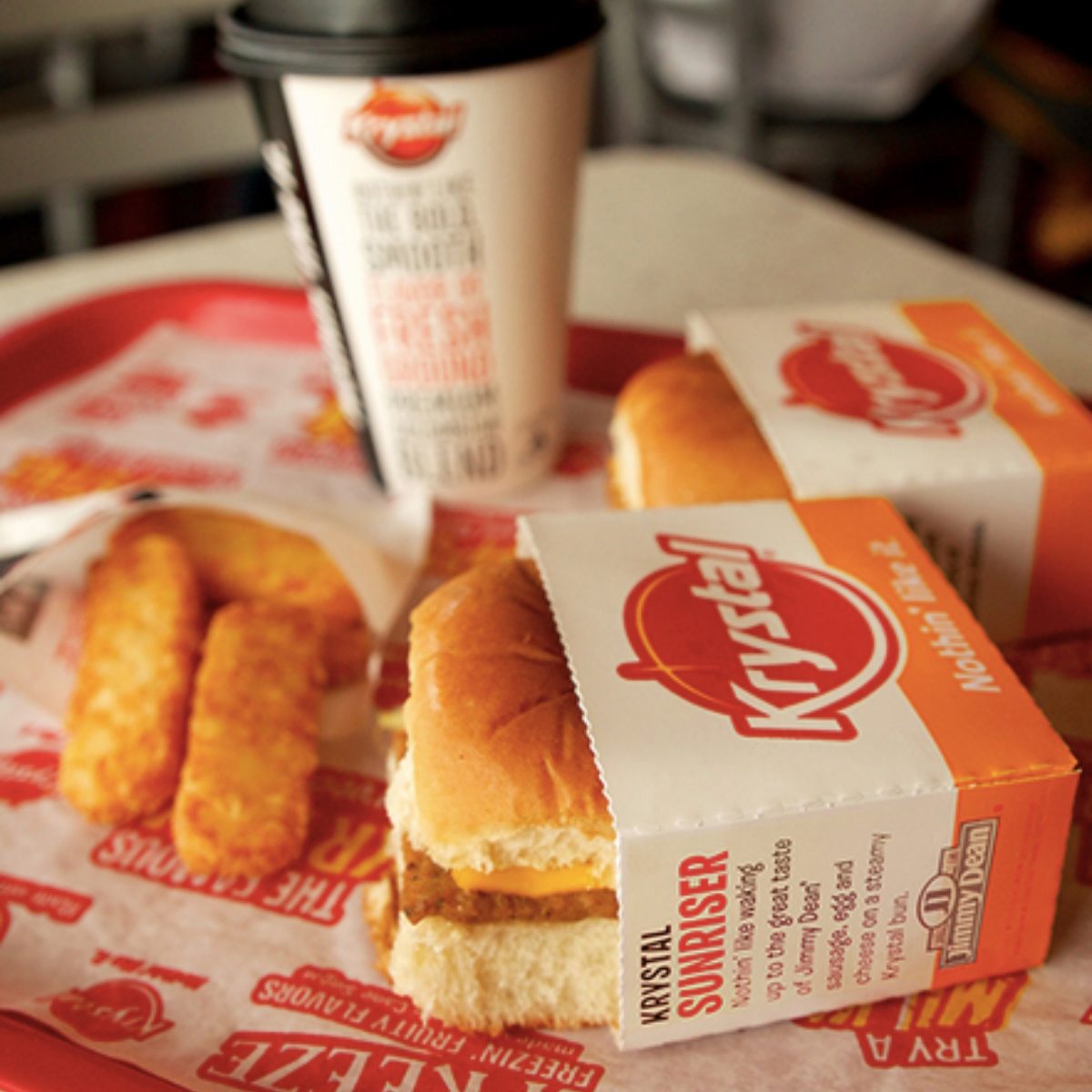 Krystal burger, fries and soda