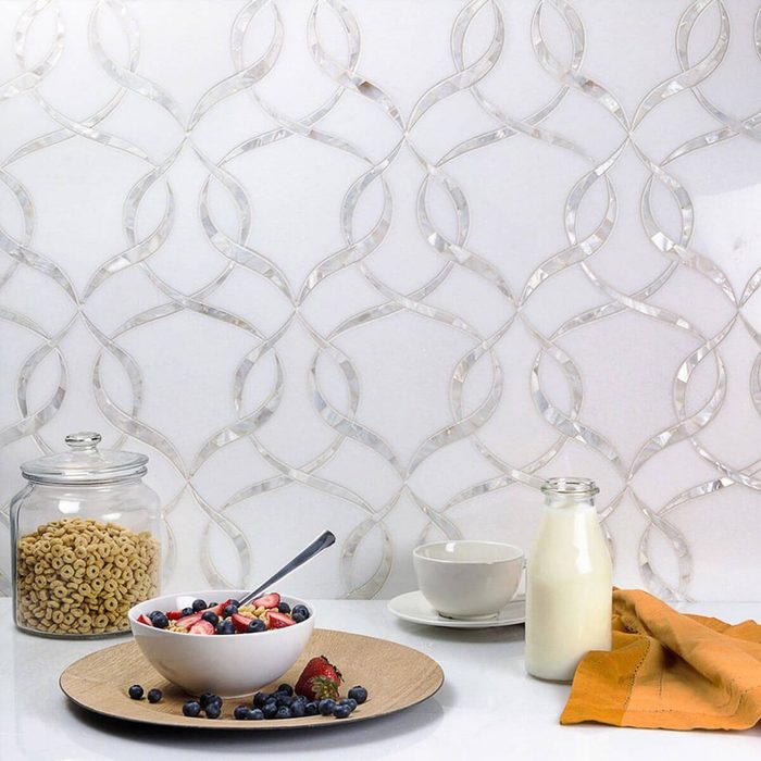Combination of marble and mother-of-pearl as a backsplash