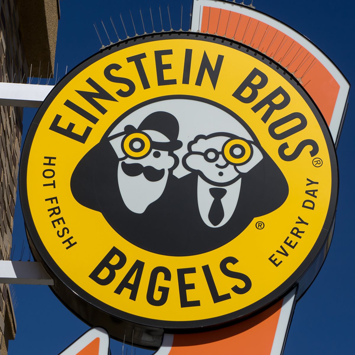 Einstein Bros. Bagel sign and logo. Einstein Bros. Bagels is a bagel and coffee chain in the United States.
