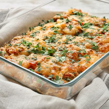 Delicious sausage casserole in baking dish on table; Shutterstock ID 742505116; Job (TFH, TOH, RD, BNB, CWM, CM): Taste of Home
