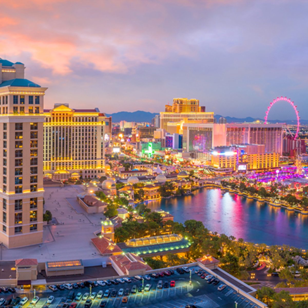 Aerial view of Las Vegas strip in Nevada as seen at night USA