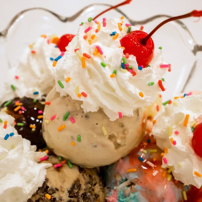 Ice cream scoops with cherry and whipped cream; Shutterstock ID 444960694