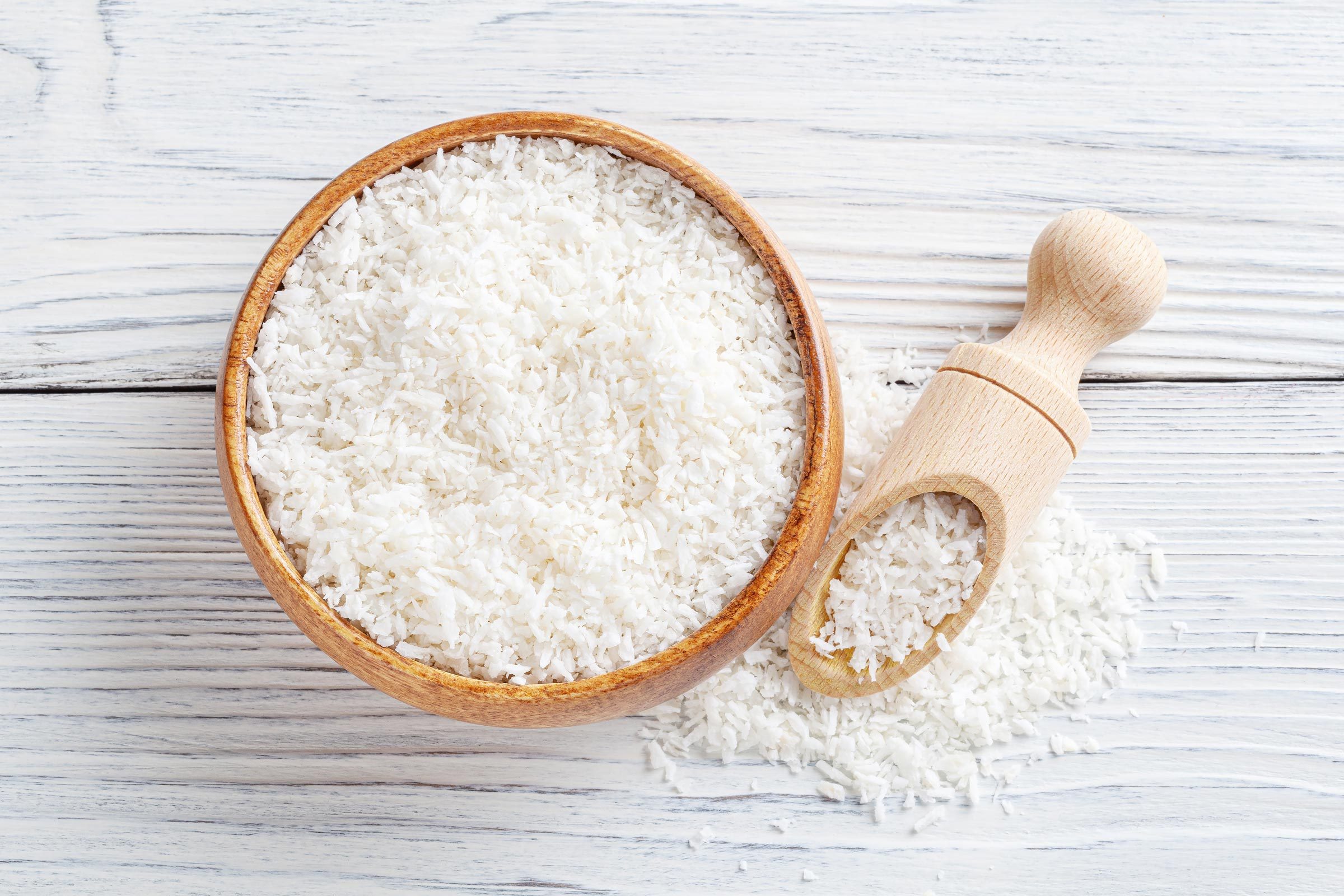 Shredded Coconut in a wooden bowl