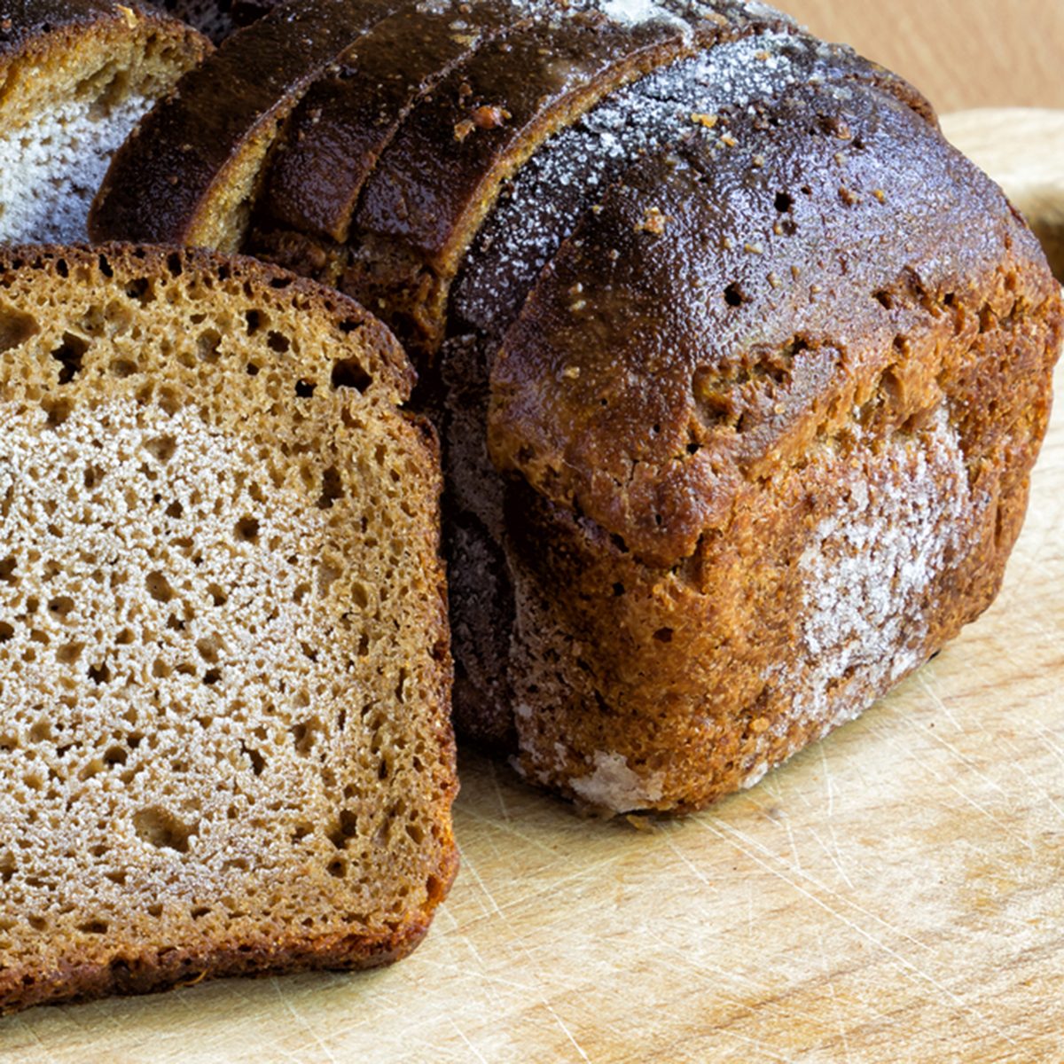 Close up of sliced rye bread after freezer. 