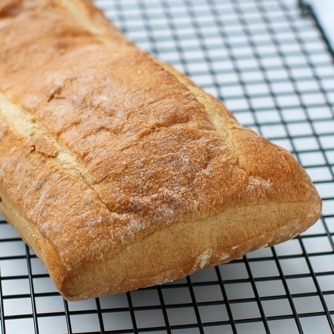 A loaf of homemade ciabatta bread.