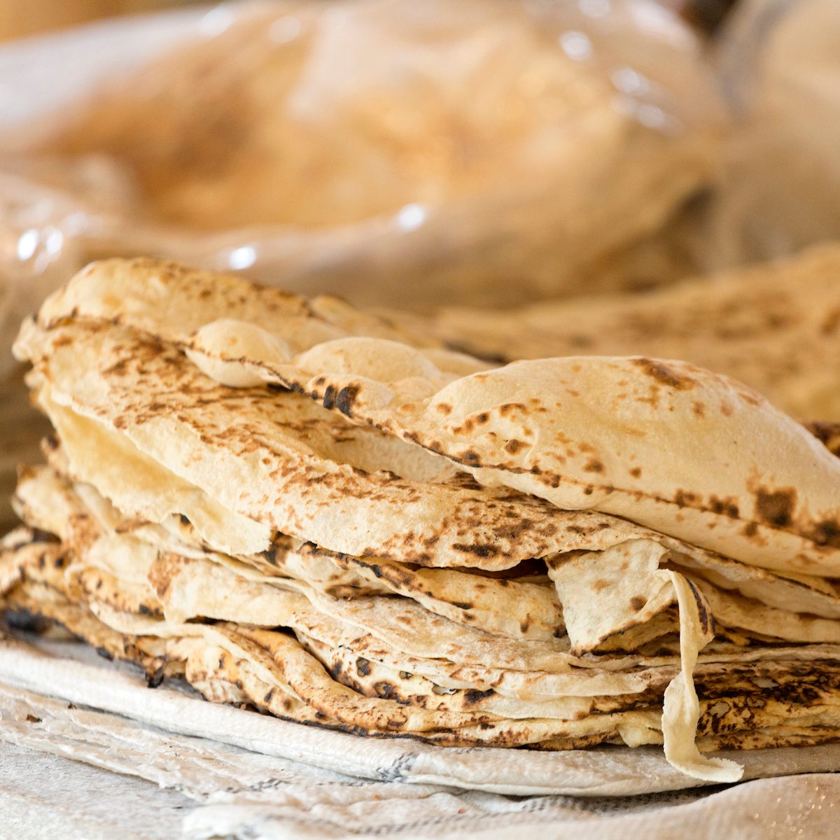 A pile of freshly baked Armenian lavash bread.