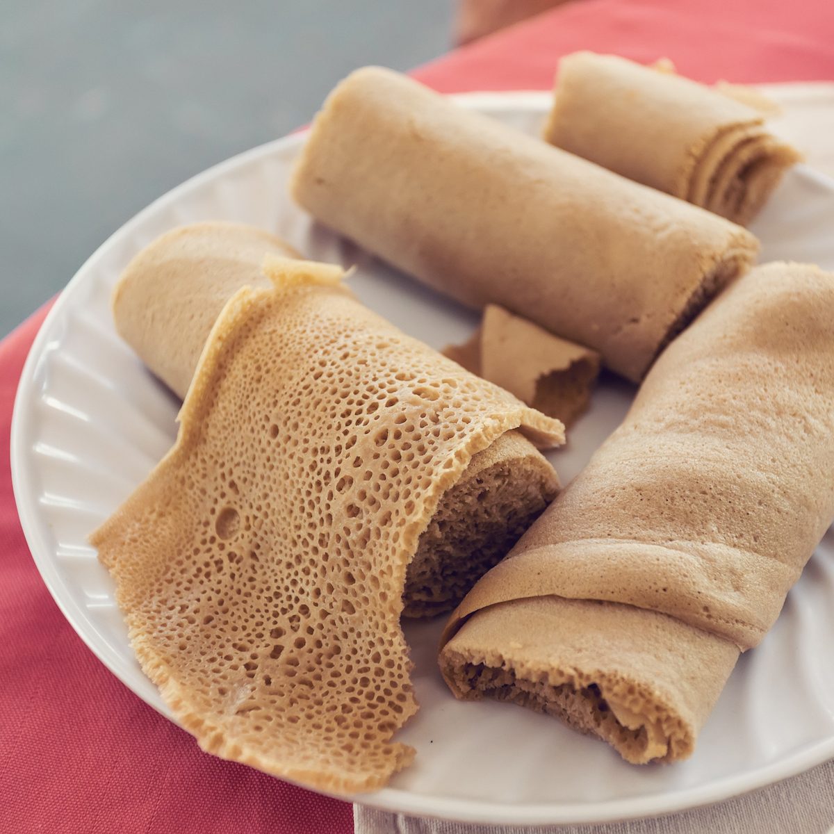 A plate of Ethiopian injera, a spongy, fermented bread.