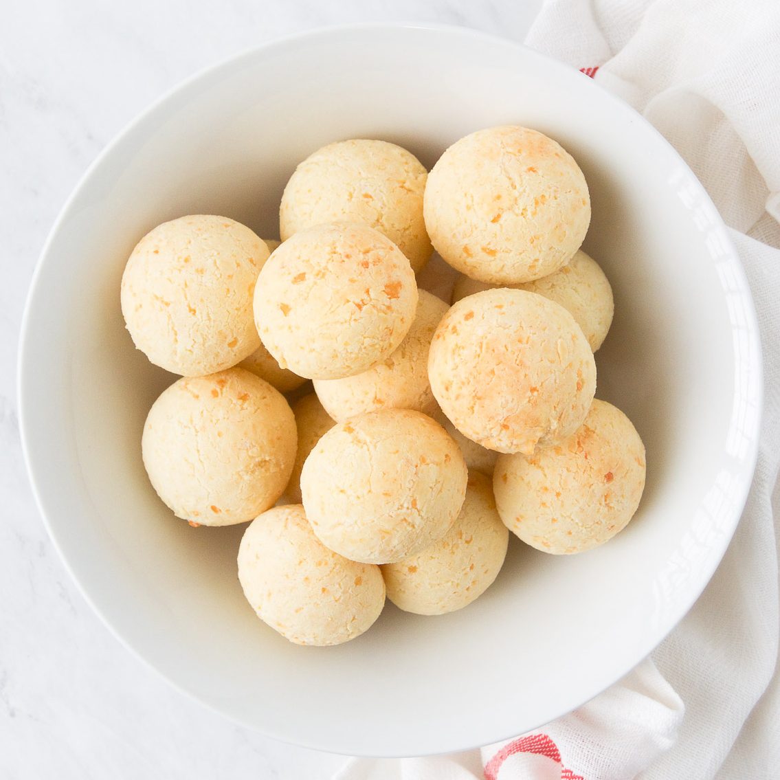 A bowl of pao de queijo, Brazilian cheese bread.