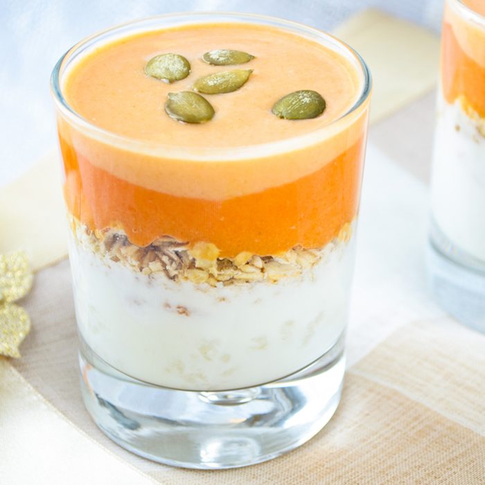 granola with yogurt, pumpkin hard sauce and pumpkin seed
