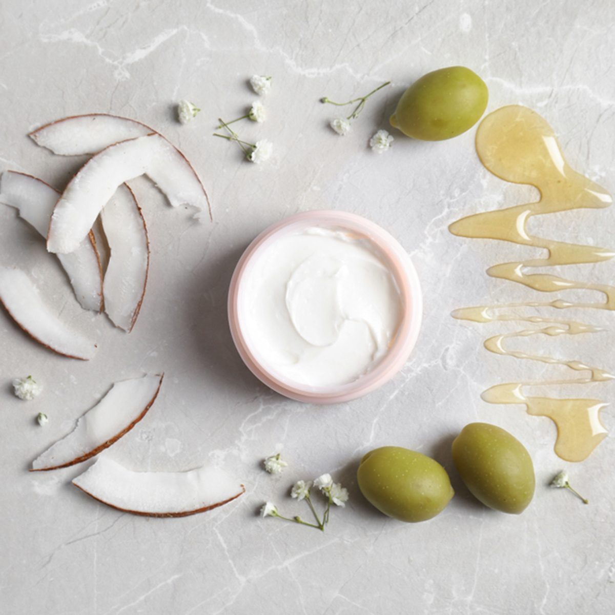 Beautiful composition with jar of cream on light background