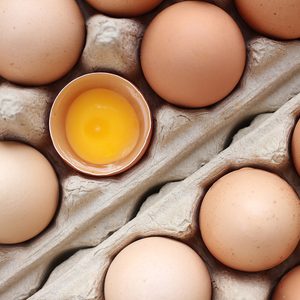 Raw eggs chicken with one yolk in the paper carton