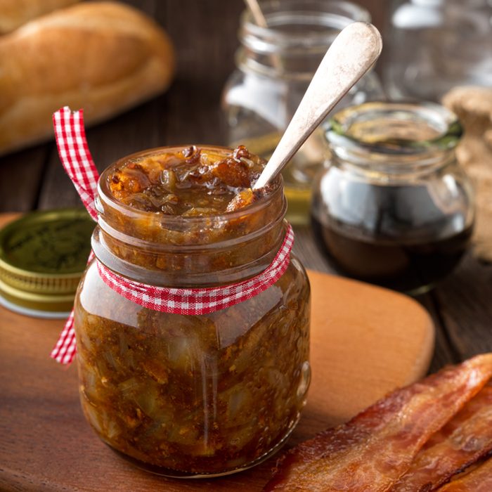 A jar of delicious home made bacon jam relish.