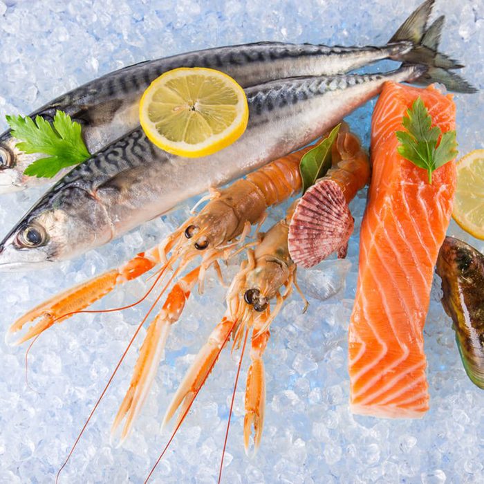 Fish and shrimp on ice