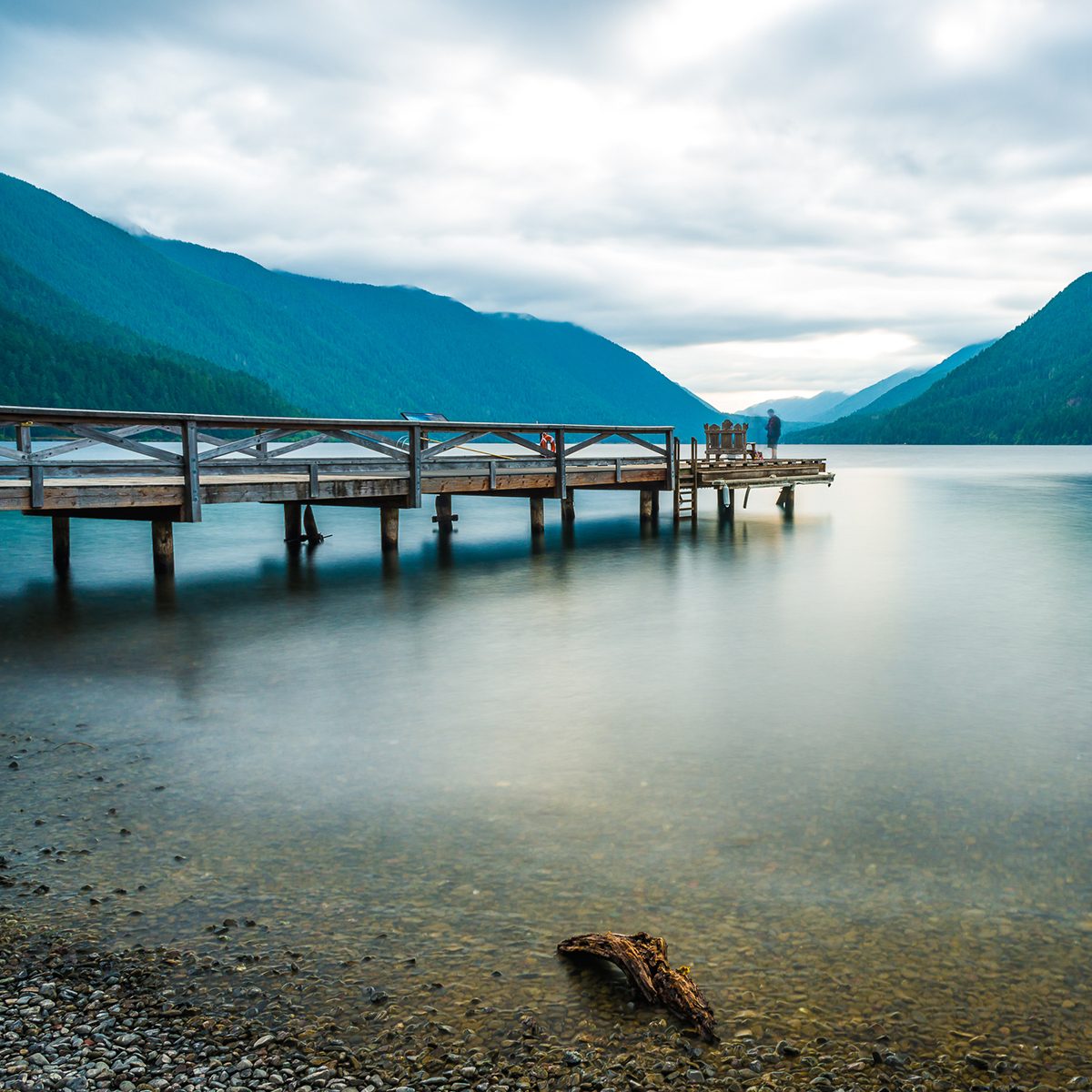 scenic view of dock in lake Crescent in Olympic national park