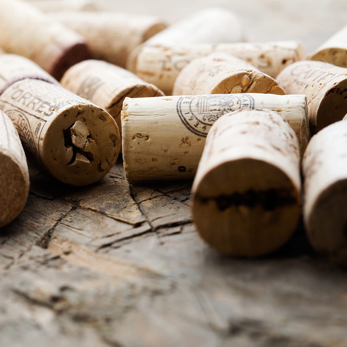 Bunch of wine corks on wooden table