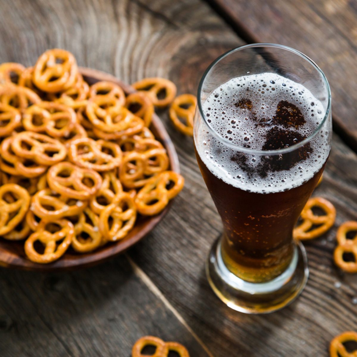 Dark beer and pretzels