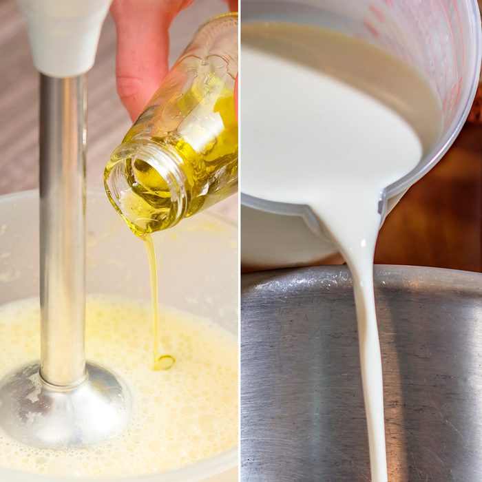 close-up whipping the mixture of homemade mayonnaise with a blender in a plastic bowl. olive oil; Shutterstock ID 1477938080; Job (TFH, TOH, RD, BNB, CWM, CM): TOH cream pouring into a bowl ready to whip up and layer; Shutterstock ID 1088041406; Job (TFH, TOH, RD, BNB, CWM, CM): TOH