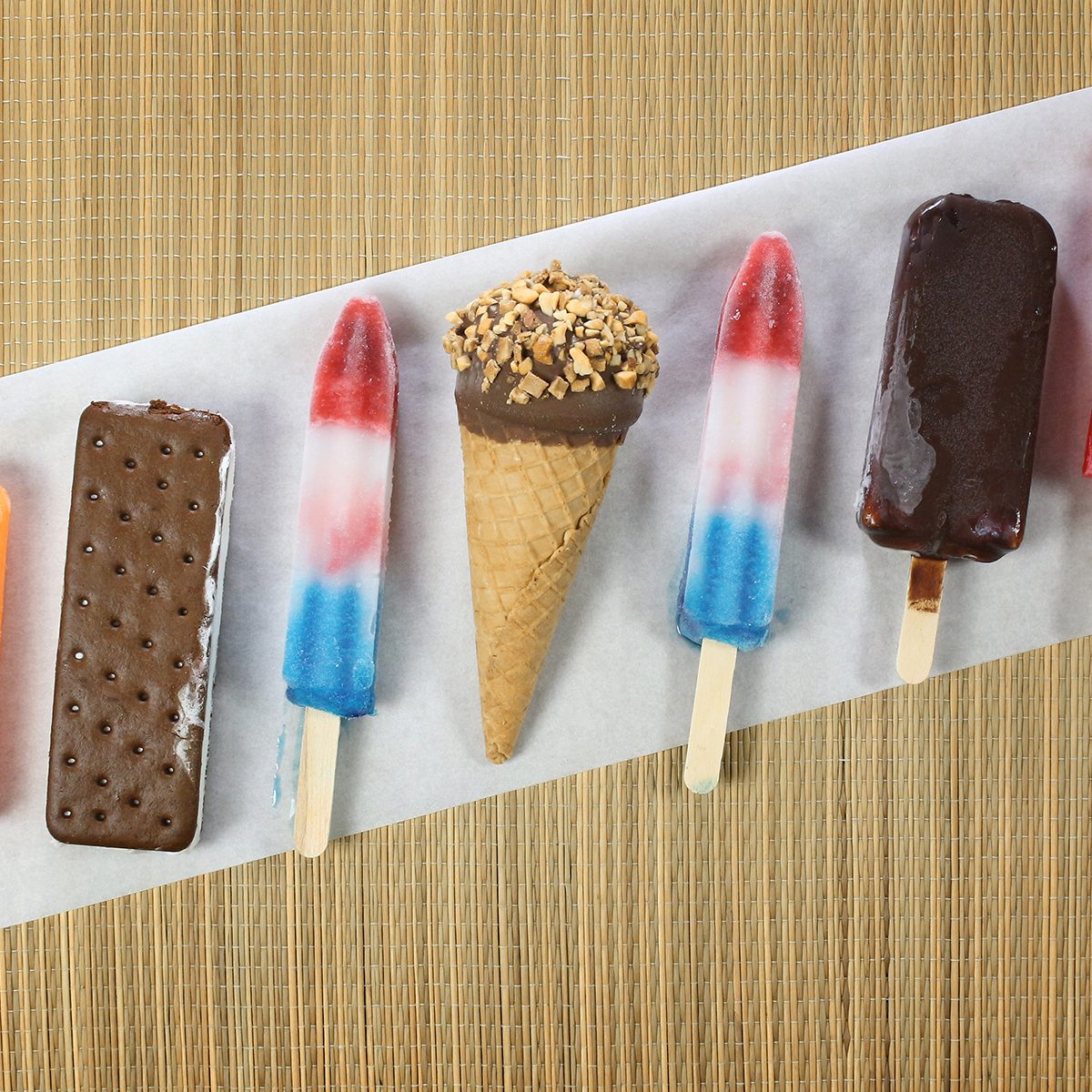 Ice cream bars including pop bombs photographed from above.