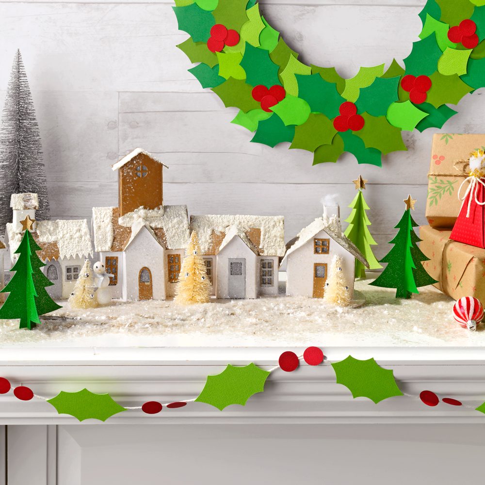 Paper CHristmas Crafts With Building a Tiny Town with Christmas Decorations, Wreaths, Lights and Festive Decor