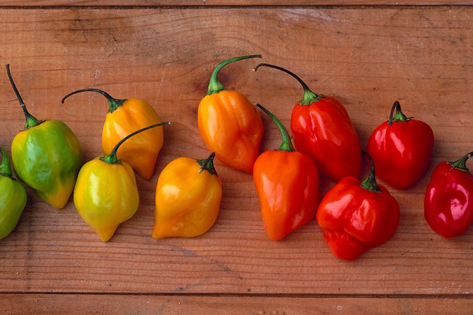 Assortment of Habanero Peppers on Wood