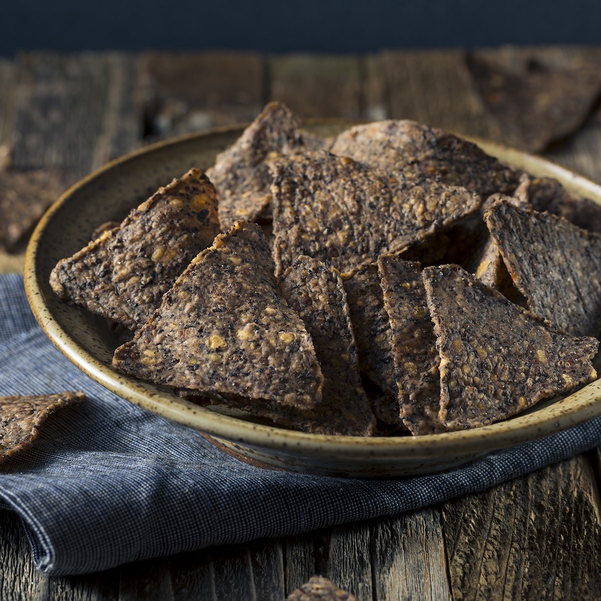 Homemade Salty Black Bean Tortilla Chips in a Bowl
