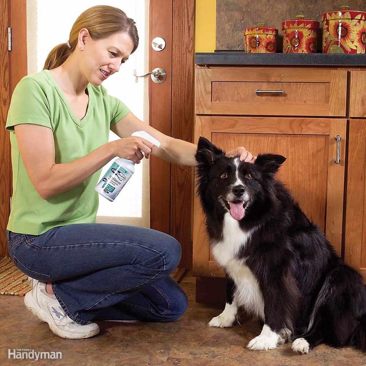 Smiling woman using a spray bottle on a dog