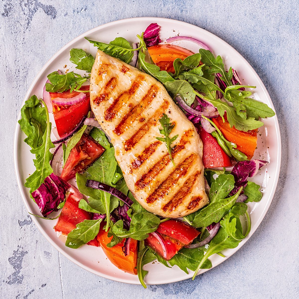 Chicken breast with fresh salad, top view.; Shutterstock ID 1254618559; Job (TFH, TOH, RD, BNB, CWM, CM): TOH