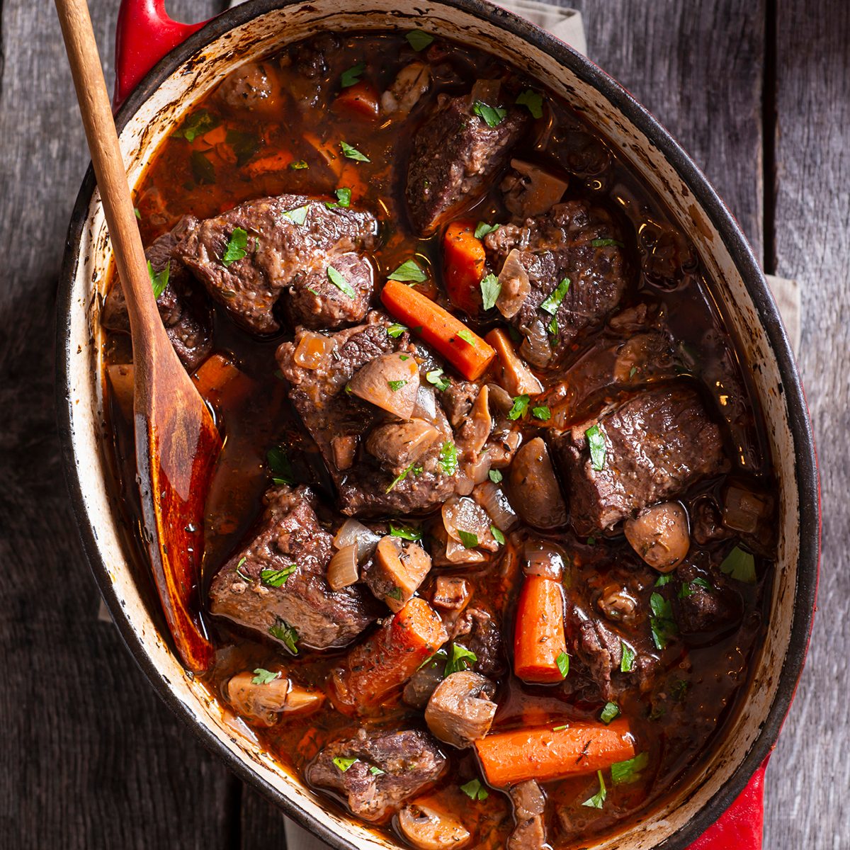 Beef Bourguignon in an Enameled Cast Iron Dutch Oven