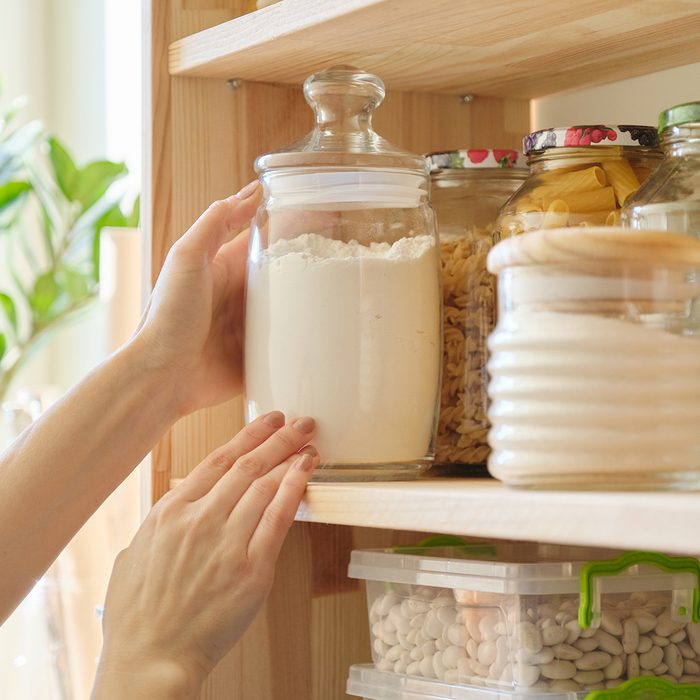 Food products in the kitchen storing ingredients in pantry.