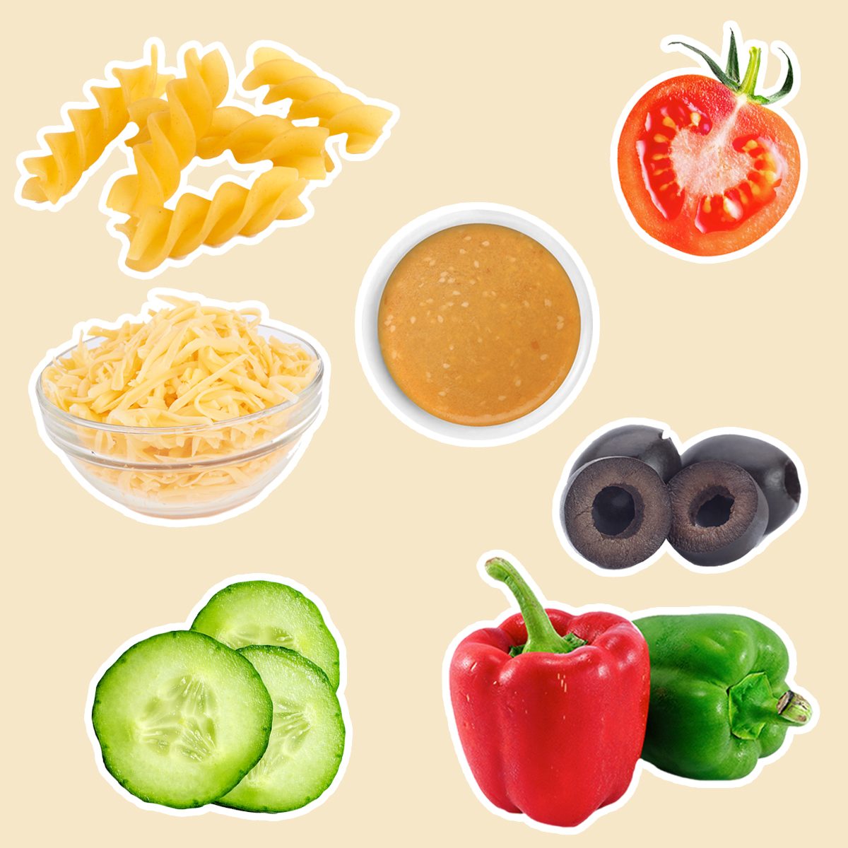 rotini, Italian salad dressing, diced bell pepper, cucumber, sliced cherry tomatoes, olives and shredded parmesan cheese