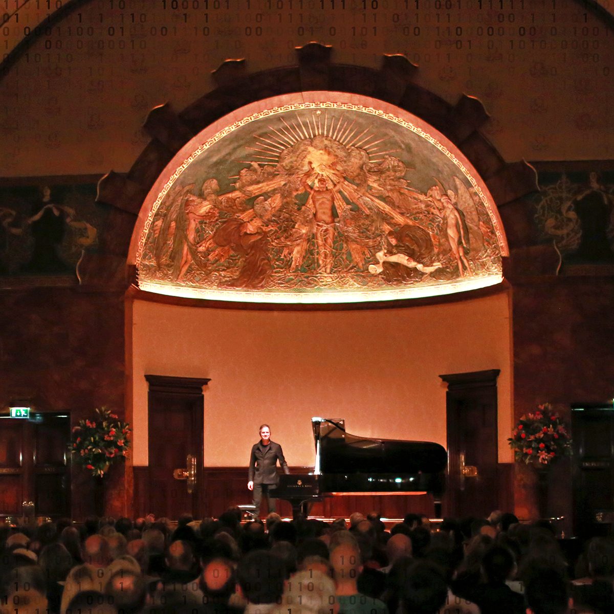 LONDON, ENGLAND - FEBRUARY 09: The Arts and Crafts cupola designed by Gerald Moira is above Polish-Hungarian pianist Piotr Anderszewski as he takes a bow celebrating the 25th anniversary of his Wigmore debut after performing at a Steinway piano works by composers Bach, Schumann and Szymanowski at Wigmore Hall on February 9, 2016 in London, England. (Photo by Amy T. Zielinski/Redferns)