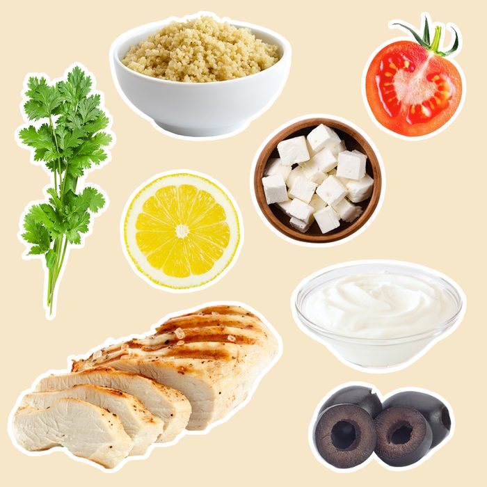 plain greek yogurt with a tablespoon of lemon yogurt with orzo or pearl couscous, halved grape tomatoes, kalamata olives, turkey or chicken, crumbled feta and lots of fresh parsley