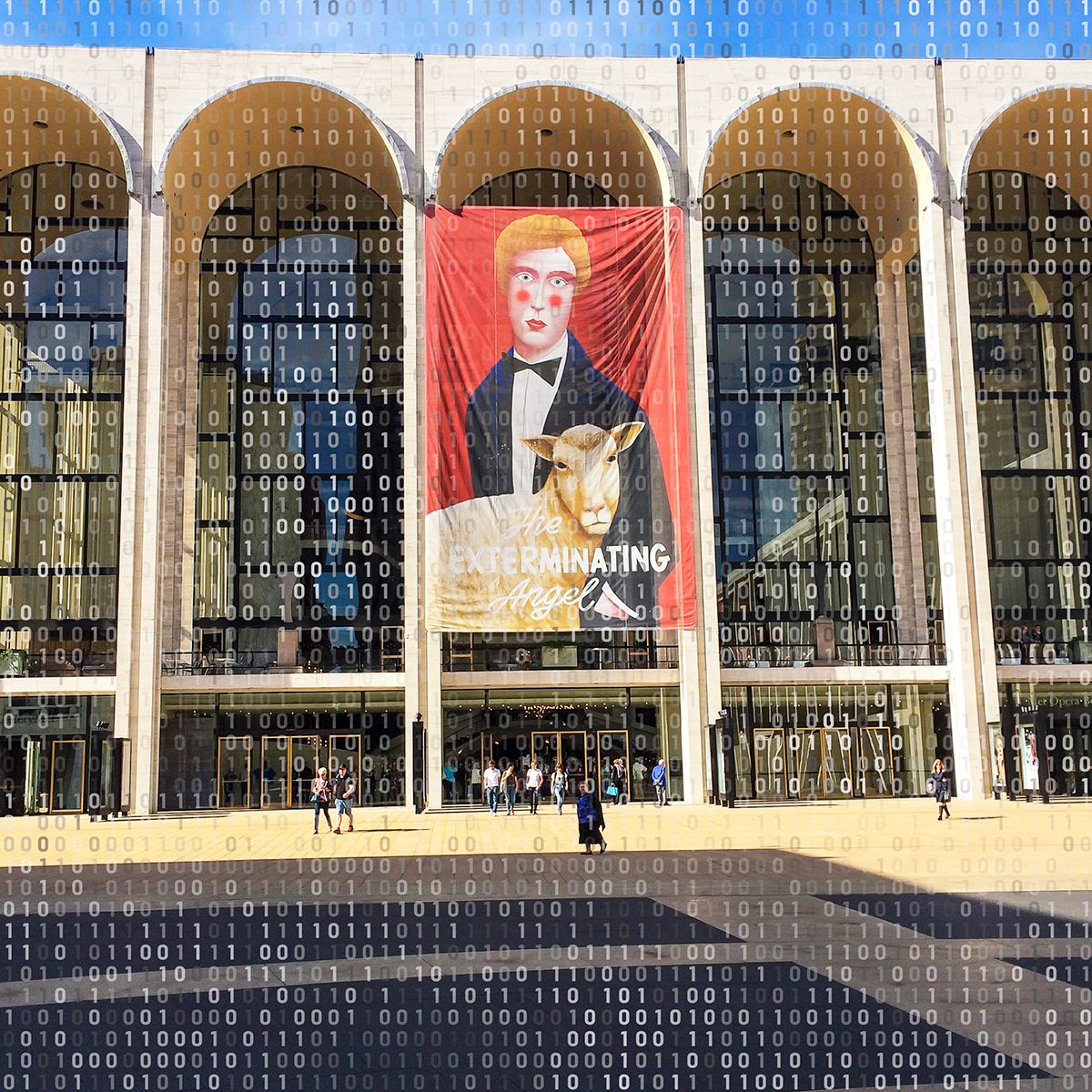 Exterior view of the Metropolitan Opera House from Lincoln Center Plaza, New York, New York, October 22, 2017. A large banner advertises the premiere of 