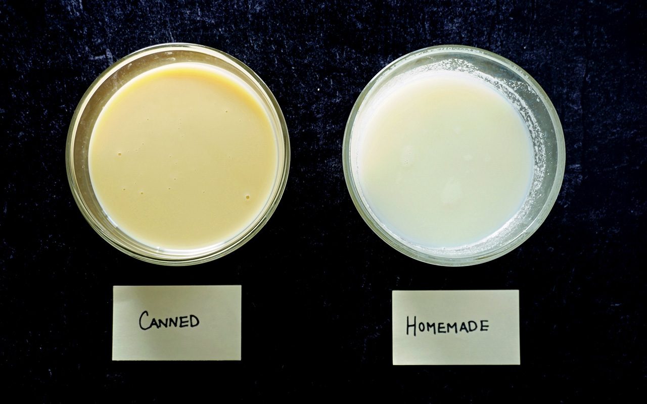 comparison photo of homemade and canned condensed milk in glass bowls