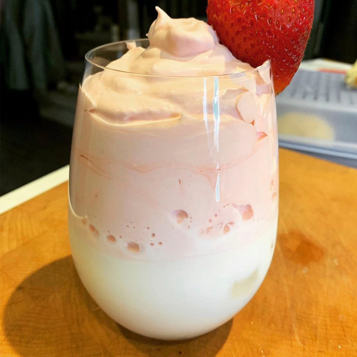 Whipped strawberry dalgona in glass