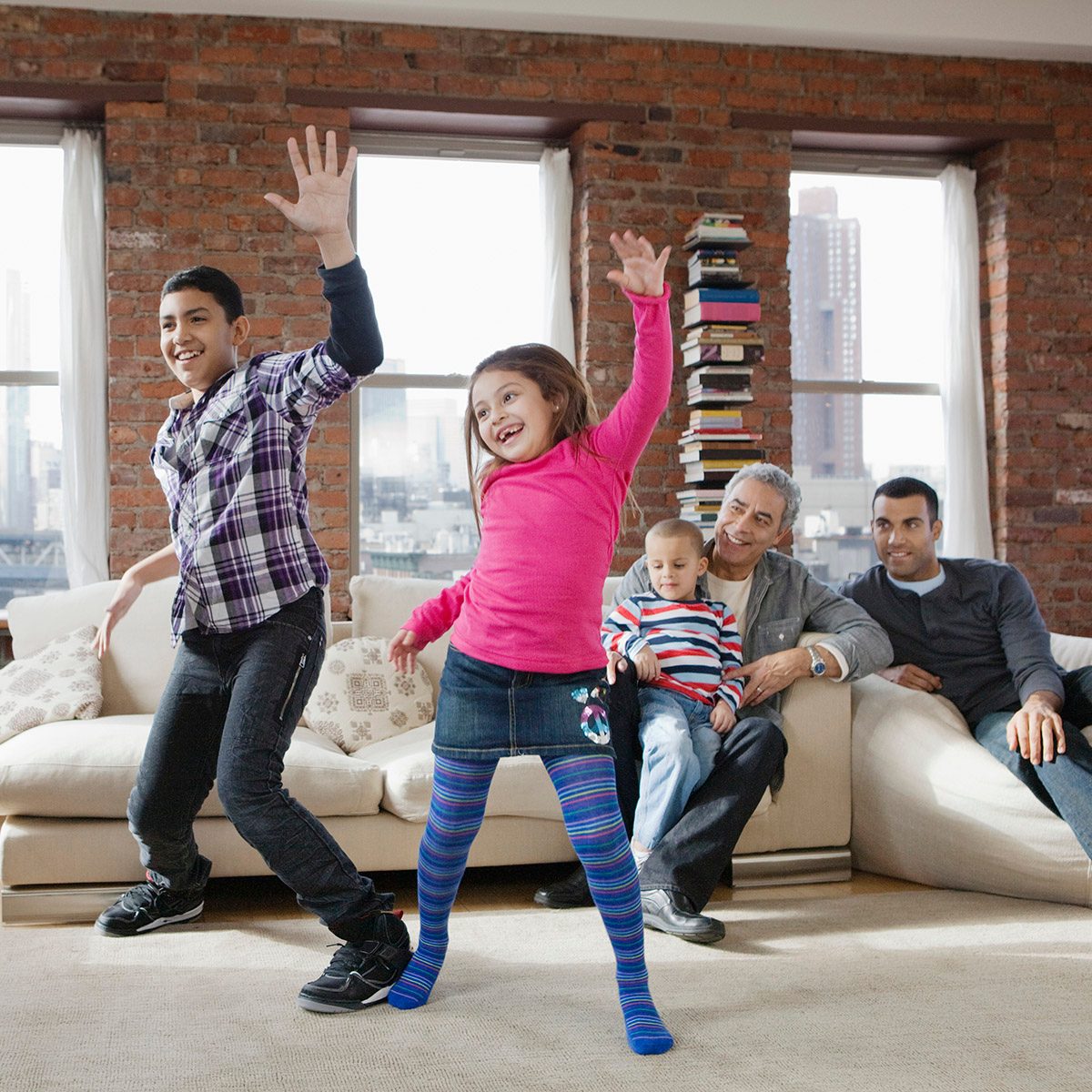 Children playing dance video game