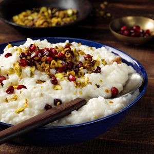 A bowl of rose water rice pudding from Layla's restaurant.