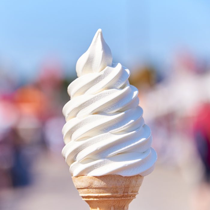 Soft serve ice cream cone at the Market Square in the center of Helsinki, Finland on hot day in July 2018.
