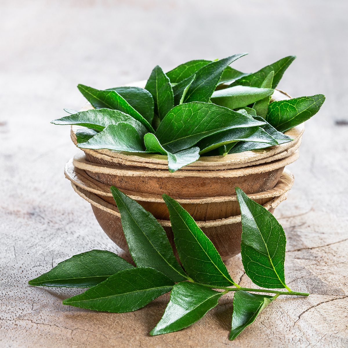 indian spices Fresh curry leaves in coconut bowl on wooden background with copyspace