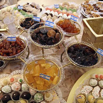 A table of sweets and jams for Mimouna, a traditional North African Jewish celebration held the day after Passover.