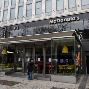 PARIS, FRANCE - MARCH 16: General view of a closed McDonald's restaurant which shows the message