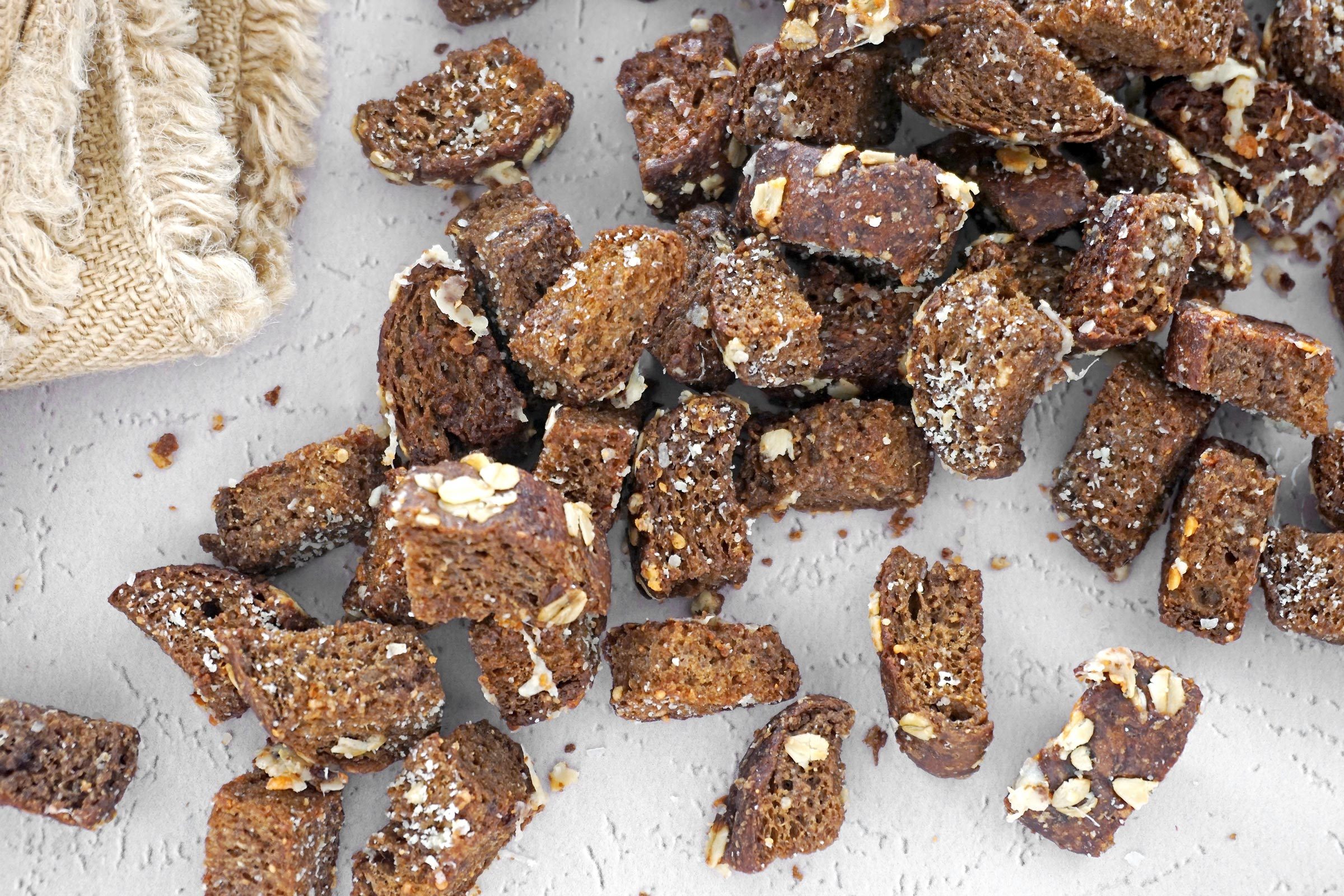 Cheesecake Factory Brown Bread Croutons on a kitchen counter